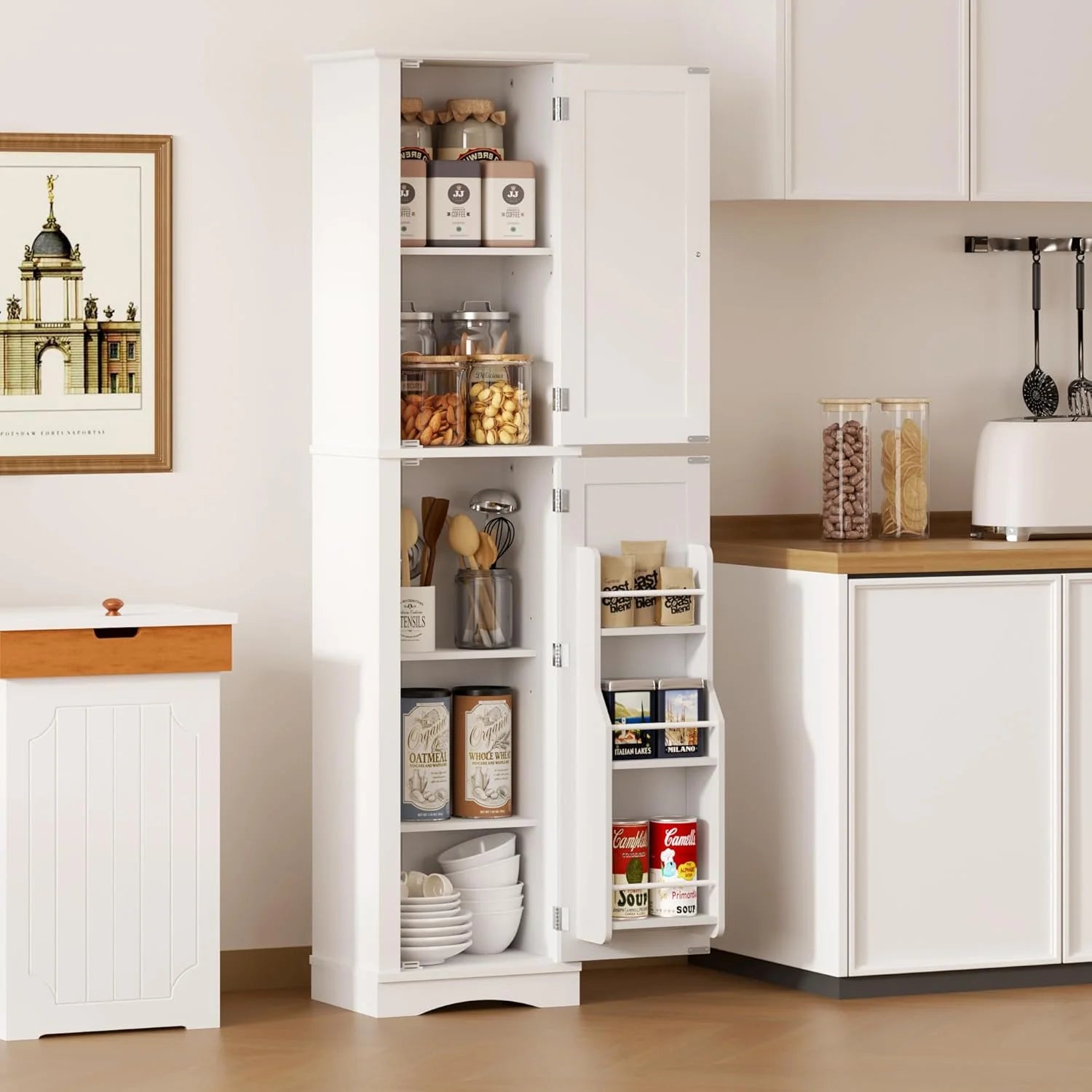 Tall Pantry Cabinet, Freestanding Storage Cabinet, Wooden Kitchen Pantry with 4 Doors and 5 Shelves, 72" Floor Cabinet Organizer