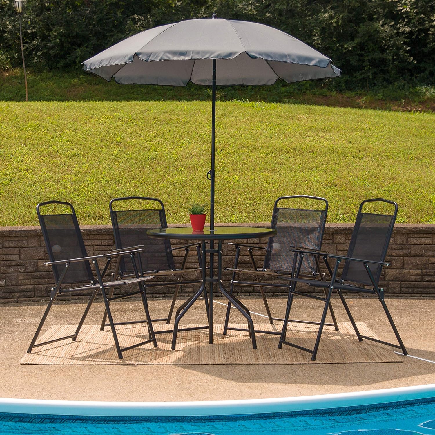 EMMA + OLIVER 6 Piece Brown Patio Garden Set with Umbrella Table and Set of 4 Folding Chairs