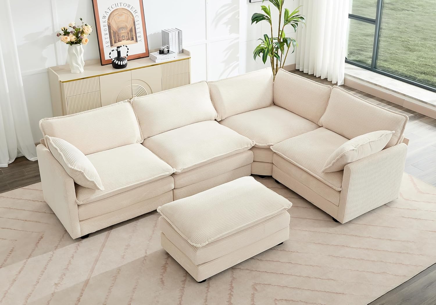 ROWHY Oversized Modular Sectional Sofa with Movable Ottoman, 112 Inch 4 Seat Modern Corduroy Sofa Set, Convertible L Shaped Couch for Living Room and Office, Beige