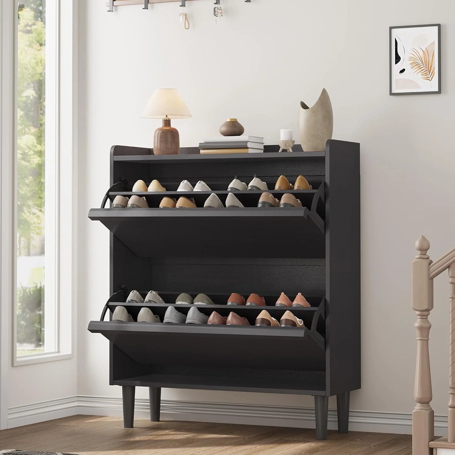 GarveeHome Shoe Cabinet with 3 Flip Drawers Wooden Shoe Organizer Cabinet Shoe Storage Hidden