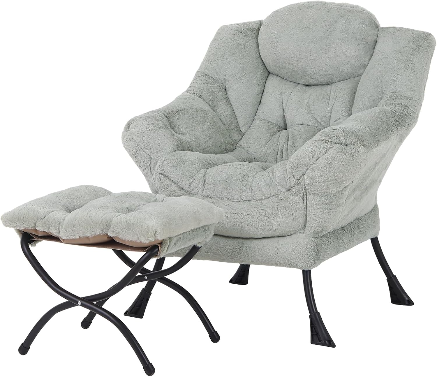 Welnow Lazy Chair with Ottoman, Modern Accent Chair with Armrests and a Side Pocket, Leisure Sofa Armchair, Reading Armchair with Footrest for Small Space, Dark Grey