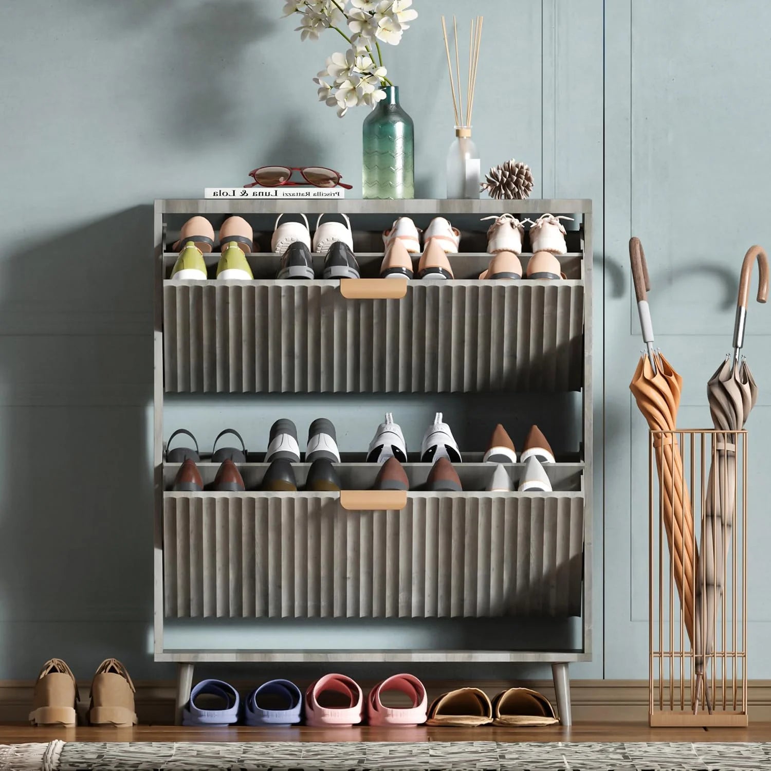 Shoe Cabinet Storage Modern Freestanding Organizer with 2 Flip Drawers Narrow Shoe Rack Cabinet