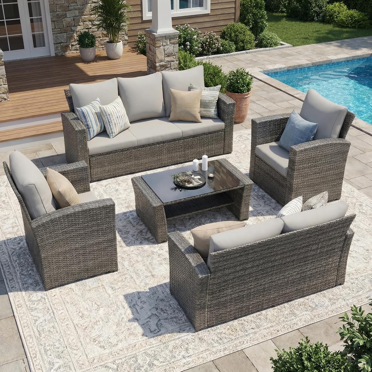 Wisteria Lane 4 Piece Patio Furniture Set, Wicker Outdoor Patio Conversation Furniture Set, All Weather Outdoor Patio Sofa with Cushion and Glass Table, Navy Blue