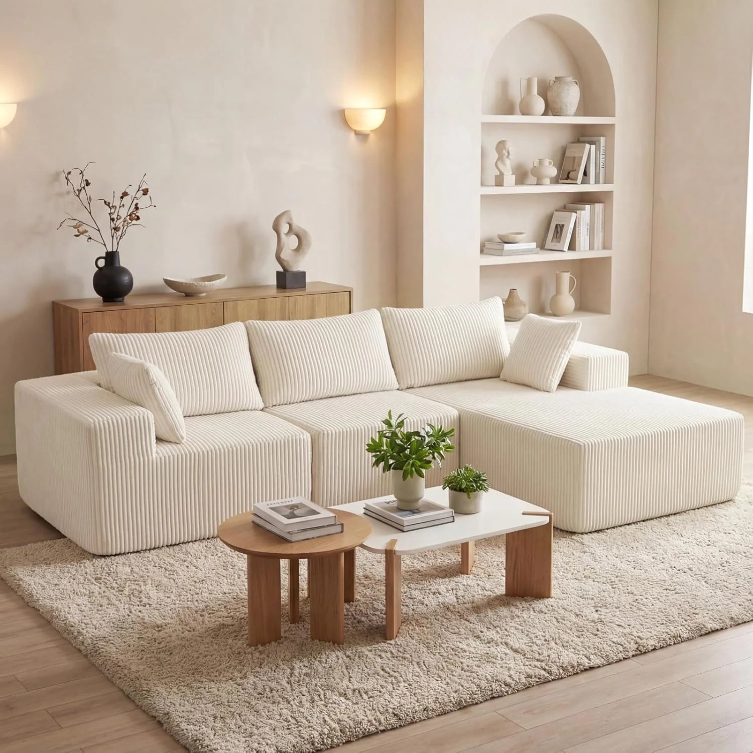 DUMOS 108" Boneless Couch, Cloud Sectional Couch with L-Shape Chaise, Modular Sectional Sofa with Deep Seat, Upholstered Couch for Living Room Bedroom, No Assembly Required (Beige, Left Facing Chaise)