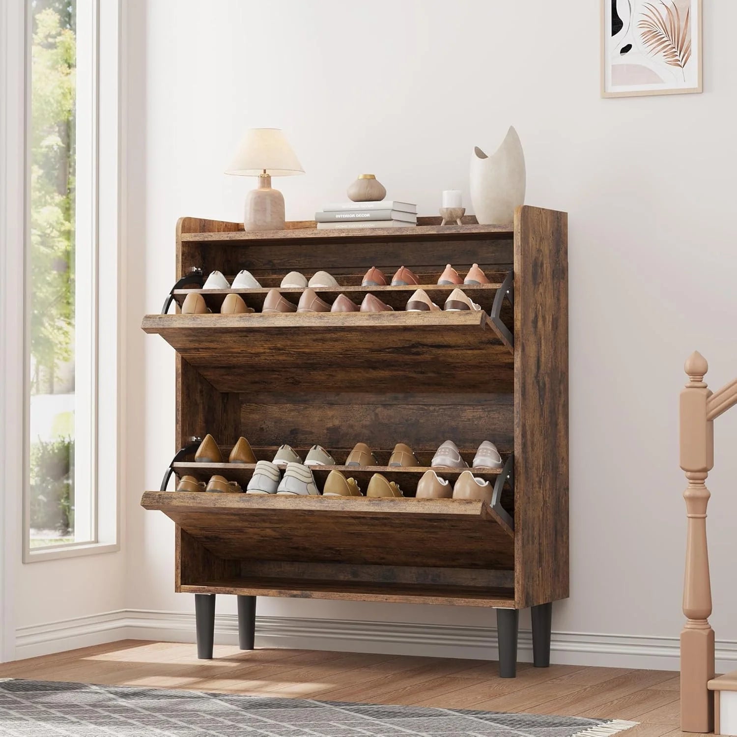GarveeHome Shoe Cabinet with 3 Flip Top Drawers, Wooden Shoe Cabinet with Adjustable Shelves