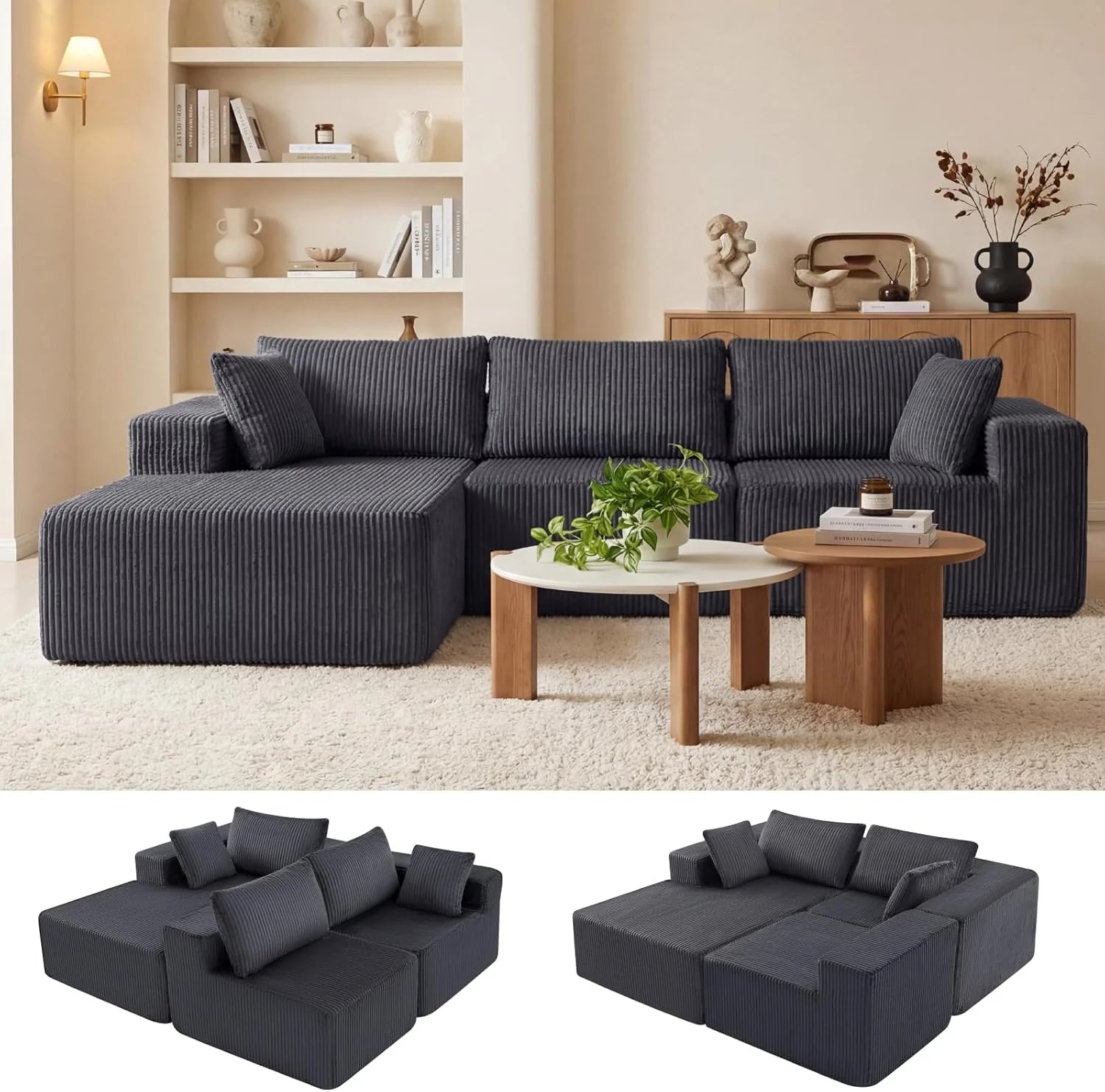 DUMOS 108" Boneless Couch, Cloud Sectional Couch with L-Shape Chaise, Modular Sectional Sofa with Deep Seat, Upholstered Couch for Living Room Bedroom, No Assembly Required (Grey, Left Facing Chaise)