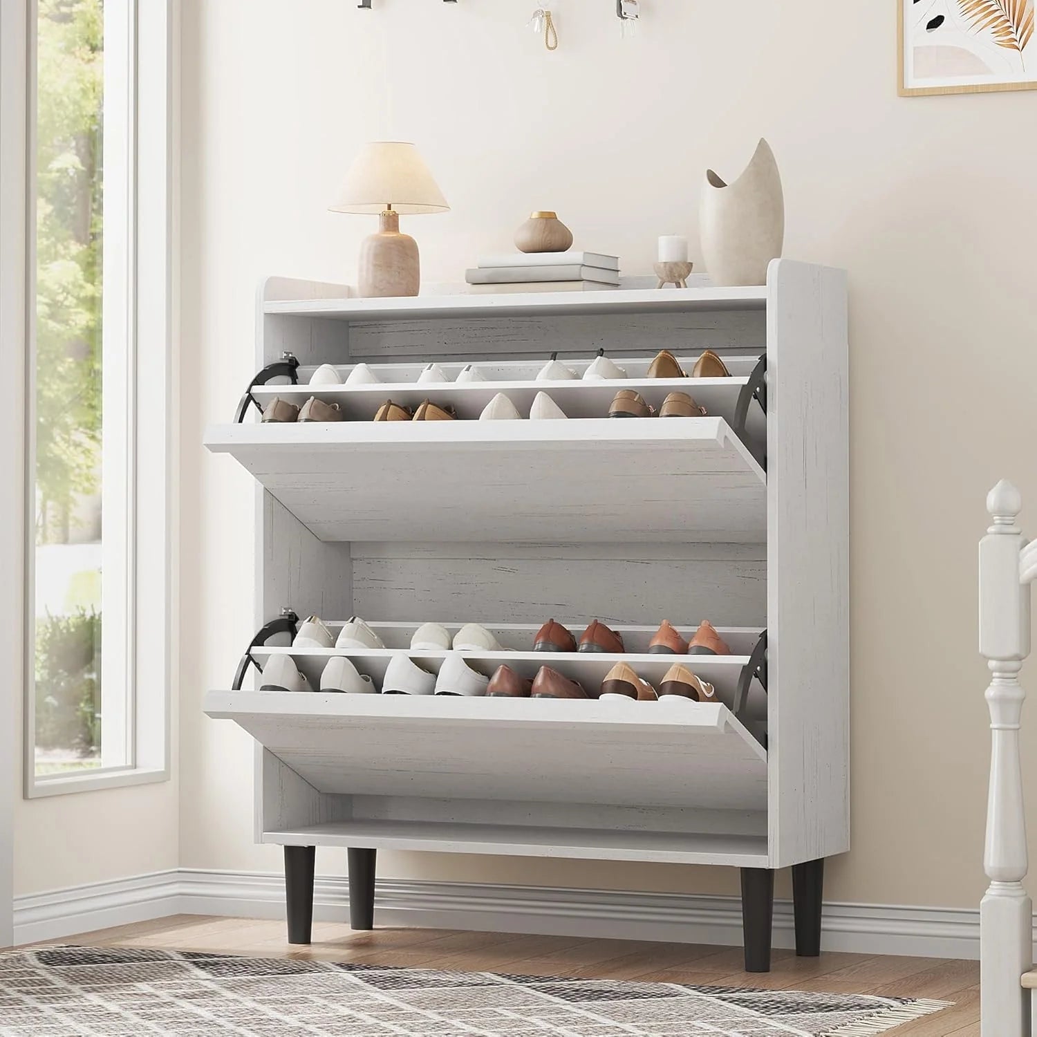 GarveeHome Shoe Cabinet with 3 Flip Top Drawers, Wooden Shoe Cabinet with Adjustable Shelves
