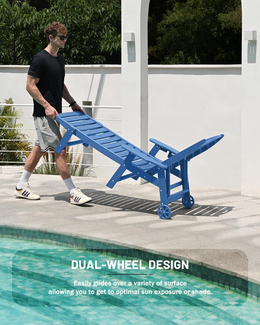 Lounge Chair Outdoor, Chaise Lounge, HDPE 6-Position Outdoor Chaise Lounge, Patio Lounge Chair with Wheels & Cup Holder for Pool Poolside Deck Backyard, Teak