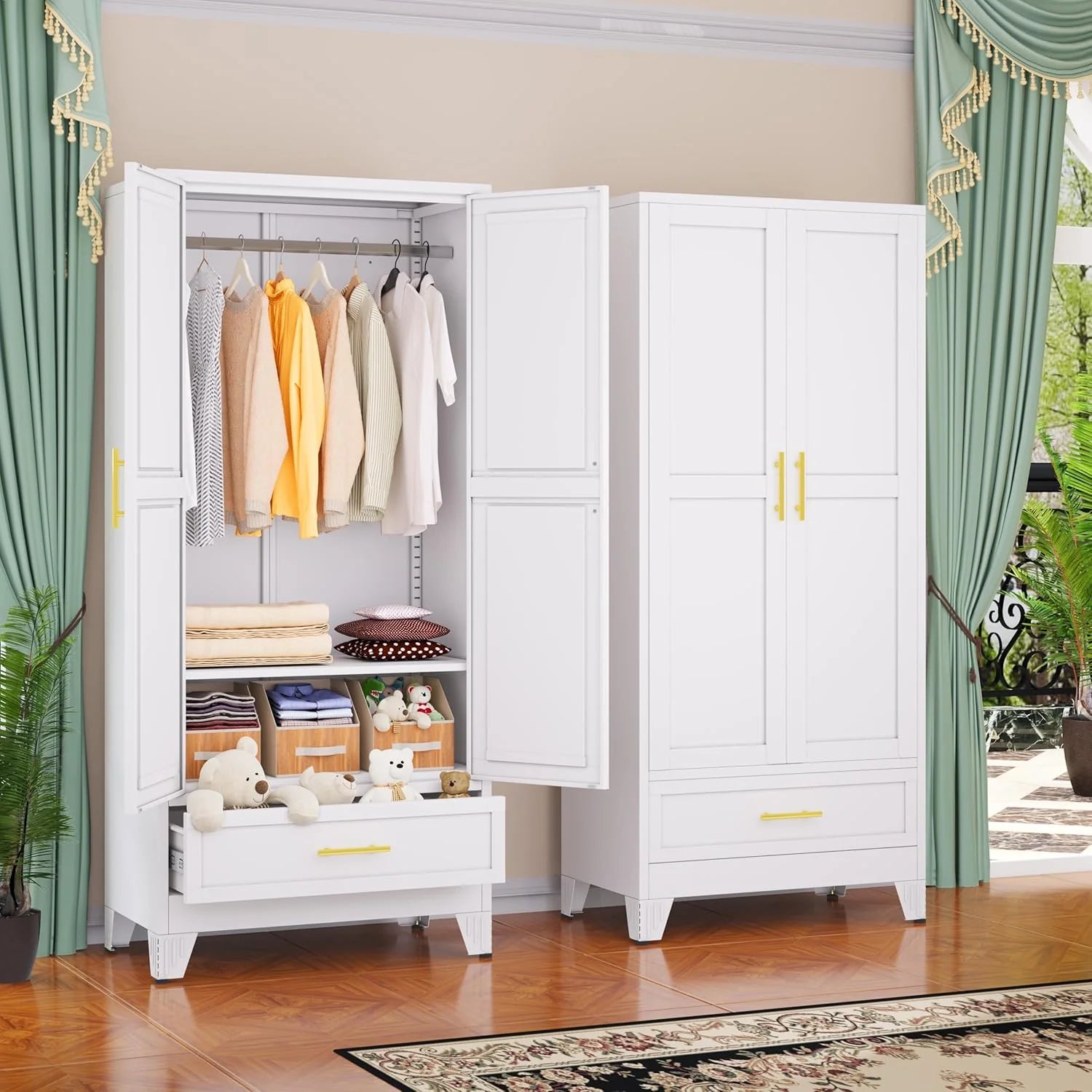 Steel Armoire Wardrobe Closet, 71" Metal Clothing Storage Cabinets
