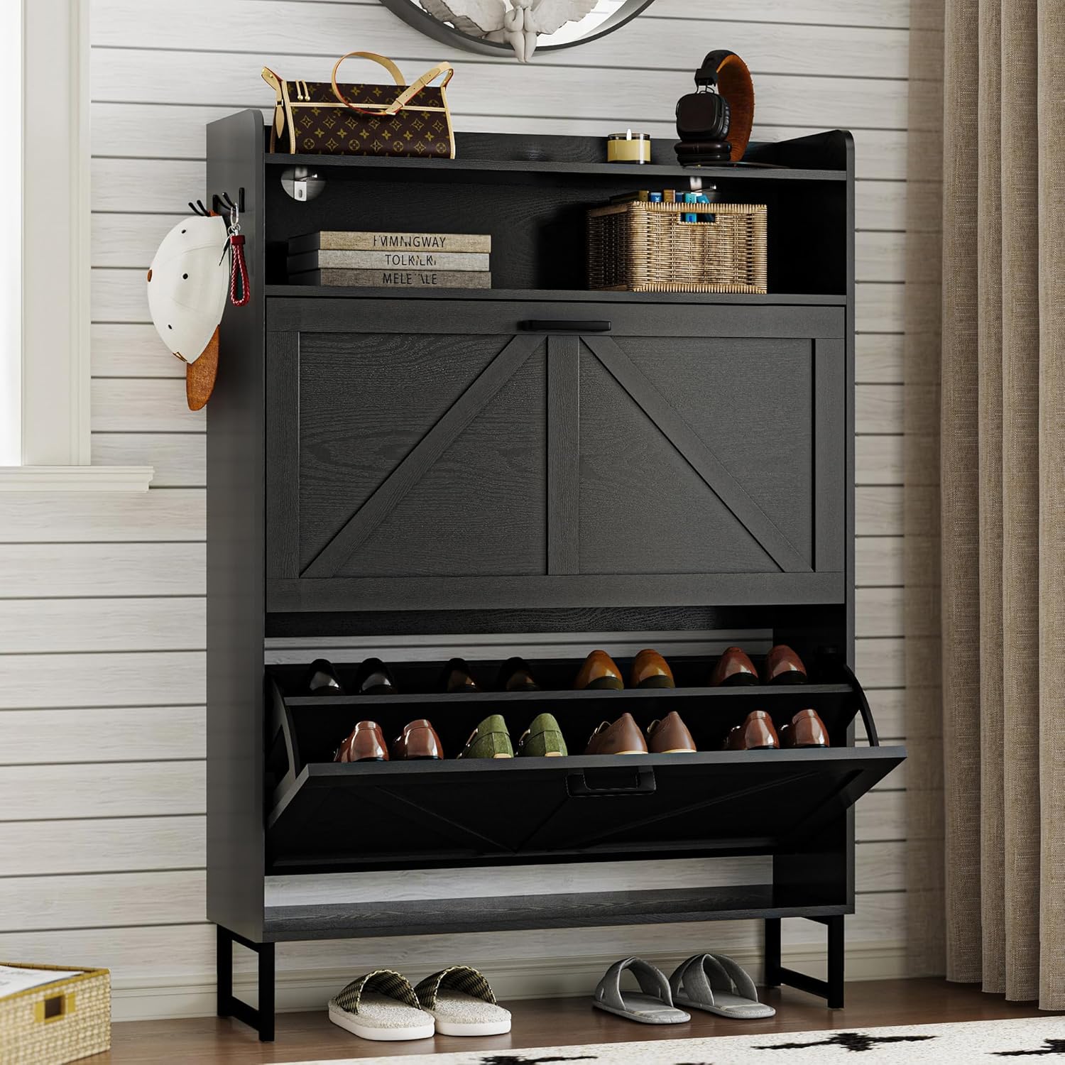 Shoe cabinet with 2 flip-top drawers Narrow shoe storage cabinet