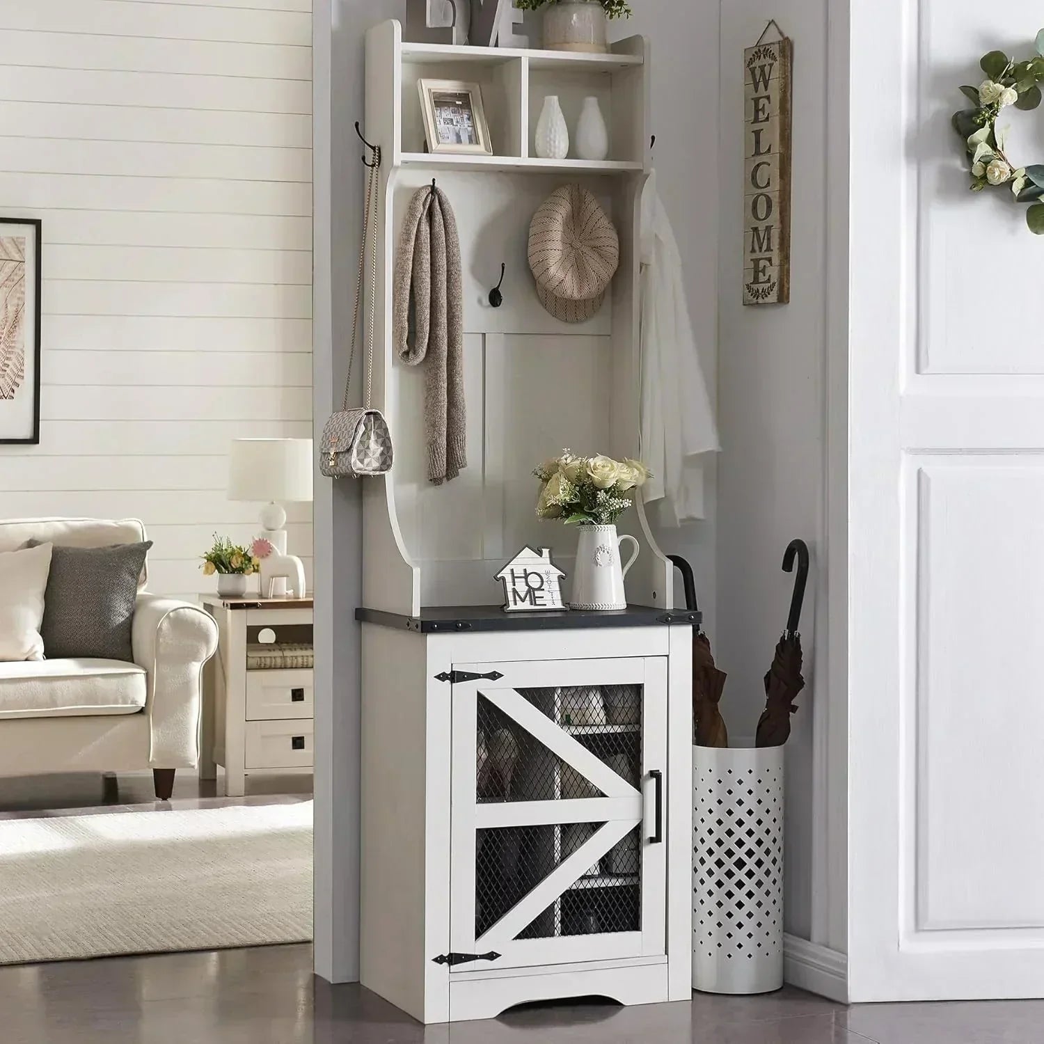 JXQTLINGMU 59-inch Farmhouse Foyer Tree Shoe Storage Entryway Bench Foyer Coat Rack Cabinet