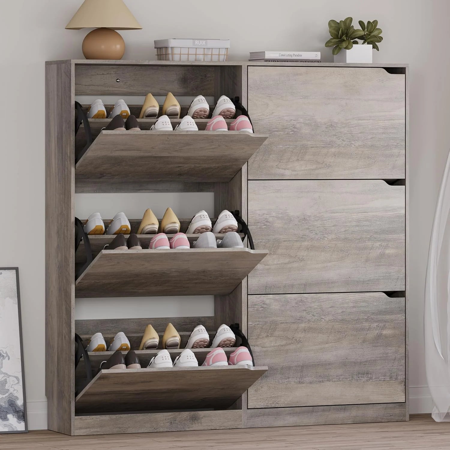 Shoe Cabinet with 3 Flip Drawers, Hidden Wood Shoe Cabinet,Freestanding Shoe Storage Cabinet