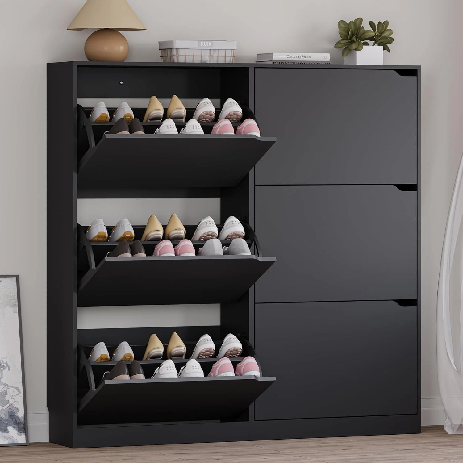 Shoe Cabinet with 3 Flip Drawers, Hidden Wood Shoe Cabinet,Freestanding Shoe Storage Cabinet